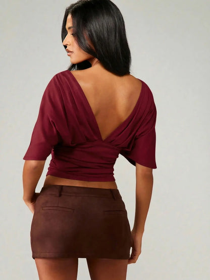 Women'S Fashionable Comfortable Casual Bodycon Fitted T-Shirt, V-Neck Backless Slimming Top, Plain Surface, All Seasons Apparel