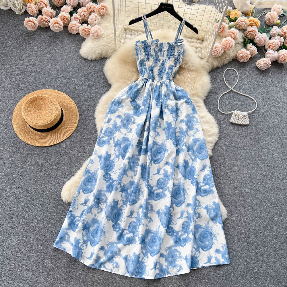 French Vintage Floral Strap Dress for Women
