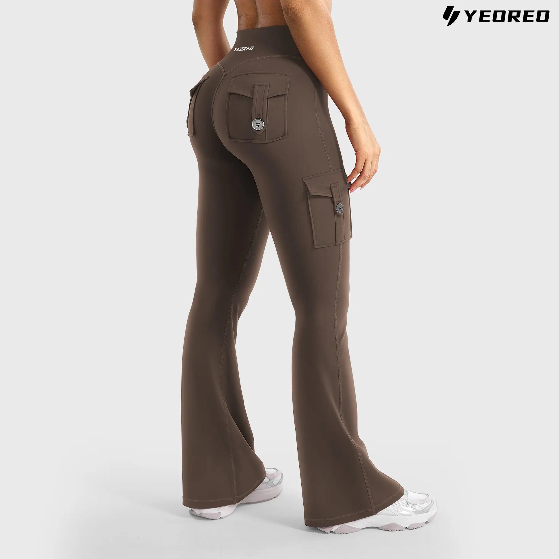 YEOREO Coreflex Women'S Workout Flare Leggings with Pockets Hidden Scrunch High Waisted Cargo Gym Yoga No Front Seam Leggings Flared Joggers Fitness Outfit Camouflage Sports Pants 75% Nylon 25% Spandex