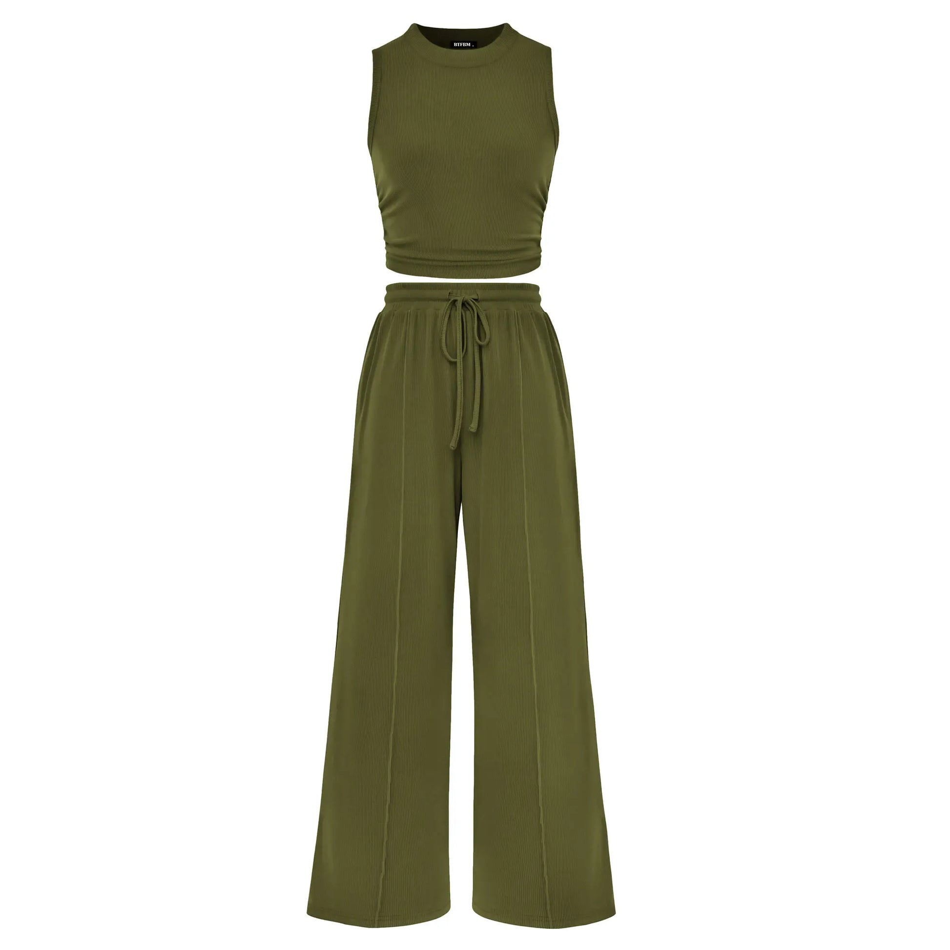 BTFBM Women'S Summer 2-Piece Outfits - Ribbed Knit Crew Neck Sleeveless Cropped Top & Wide Leg Pants Lounge Set #Outdoorfun