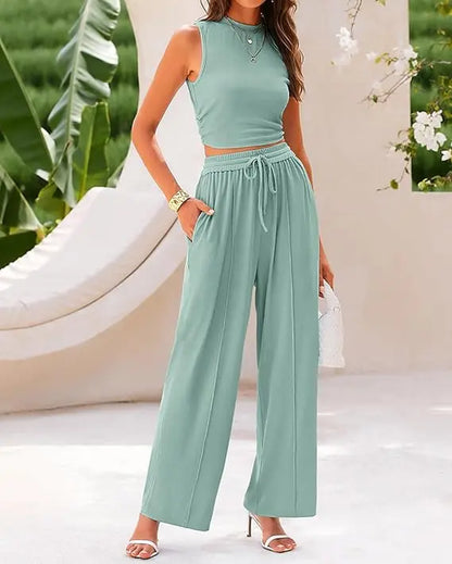 BTFBM Women'S Summer 2-Piece Outfits - Ribbed Knit Crew Neck Sleeveless Cropped Top & Wide Leg Pants Lounge Set #Outdoorfun