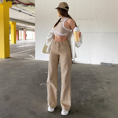 High Waist Wide Leg Straight Jeans with Slash Pockets