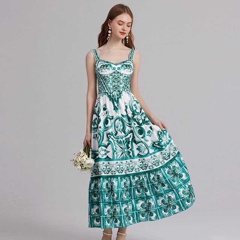 Vintage Floral Strap Maxi Dress with Fitted Waist