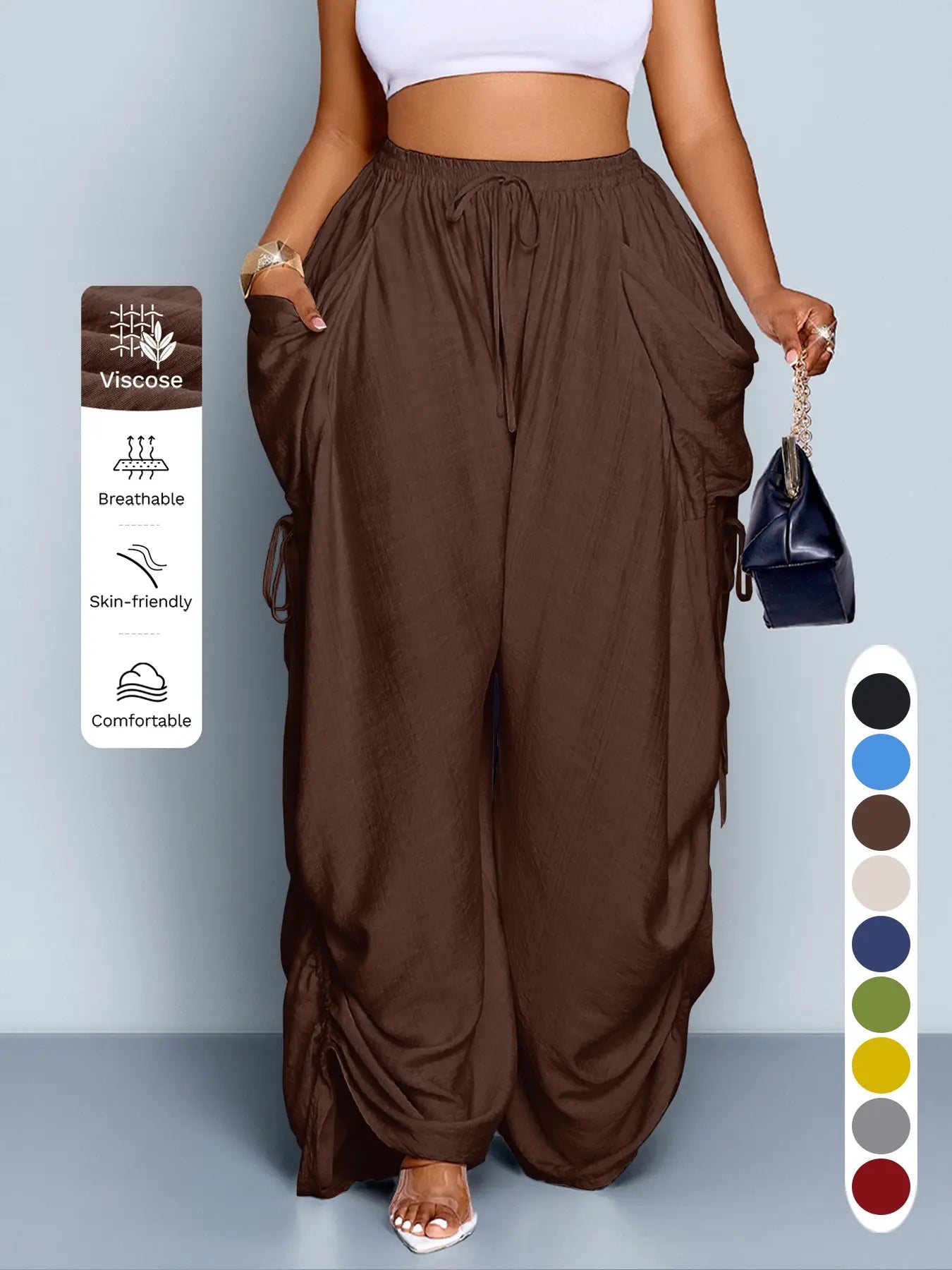 Women'S Casual Loose-Fit Wide Leg Pants, All-Season Woven Fabric, Long Plain Design, Daily Commute & Vacation Wear