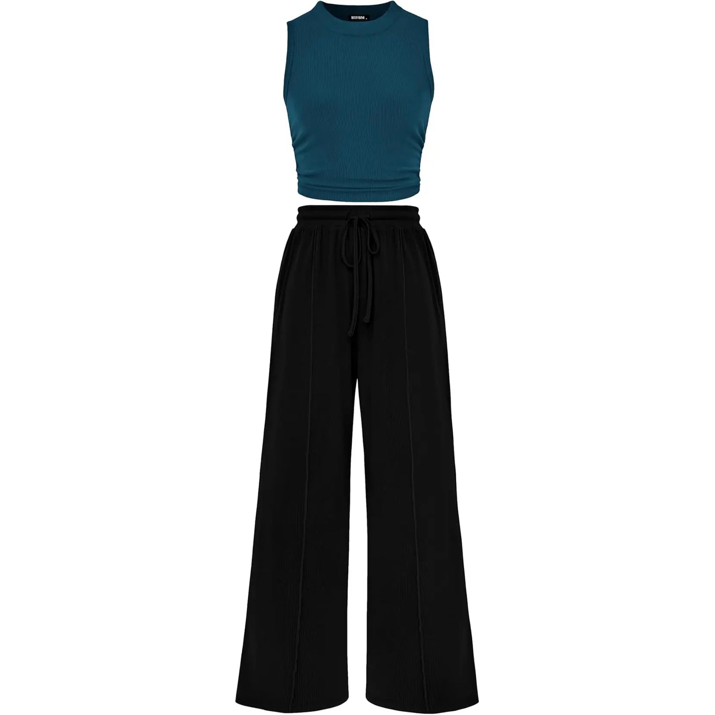 BTFBM Women'S Summer 2-Piece Outfits - Ribbed Knit Crew Neck Sleeveless Cropped Top & Wide Leg Pants Lounge Set #Outdoorfun