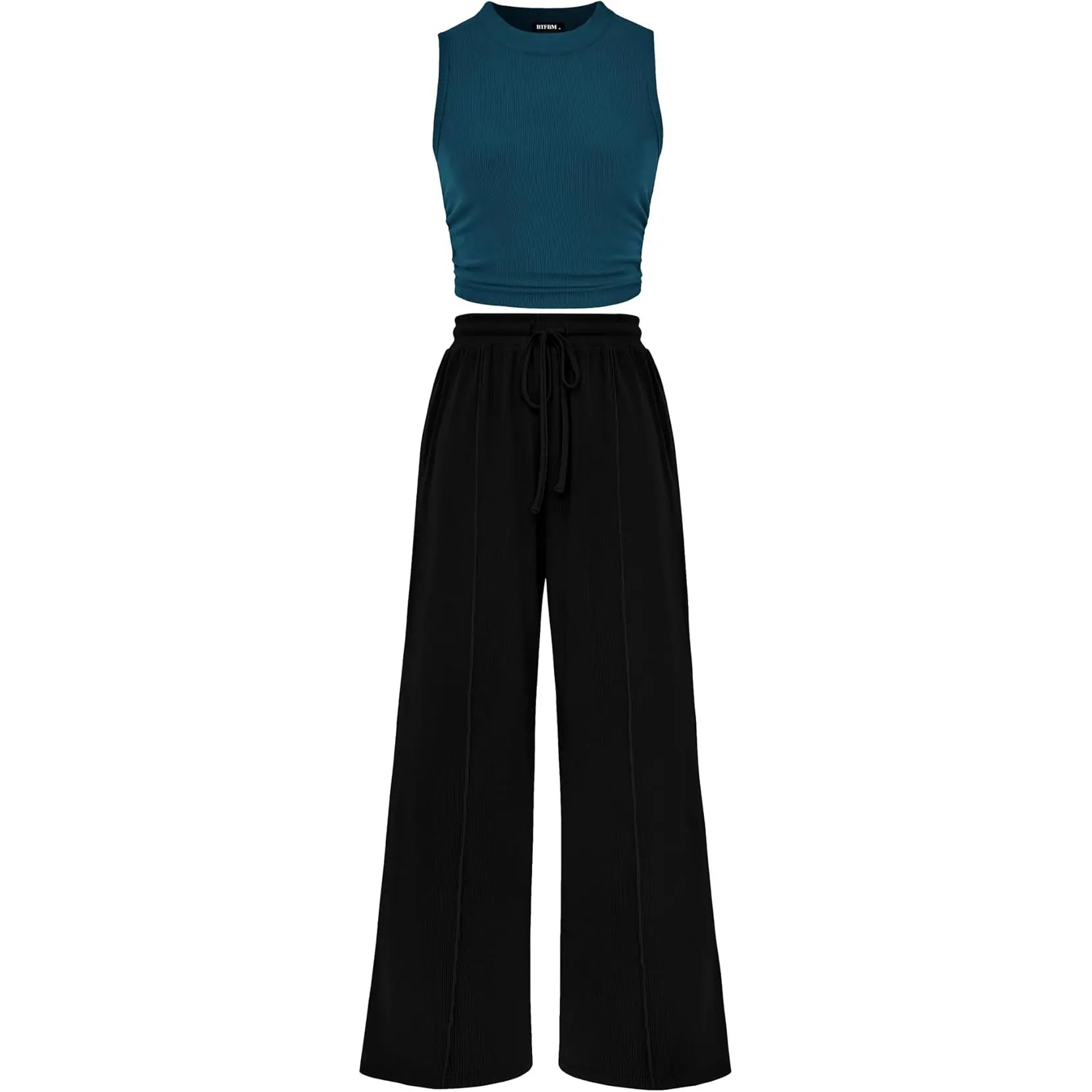 BTFBM Women'S Summer 2-Piece Outfits - Ribbed Knit Crew Neck Sleeveless Cropped Top & Wide Leg Pants Lounge Set #Outdoorfun