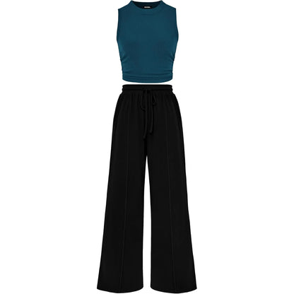 BTFBM Women'S Summer 2-Piece Outfits - Ribbed Knit Crew Neck Sleeveless Cropped Top & Wide Leg Pants Lounge Set #Outdoorfun