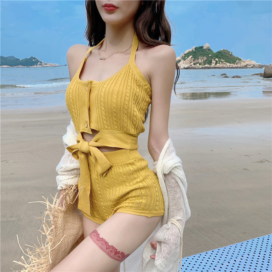 Women's Two-Piece Swimwear Set with Tie-Braided Neck