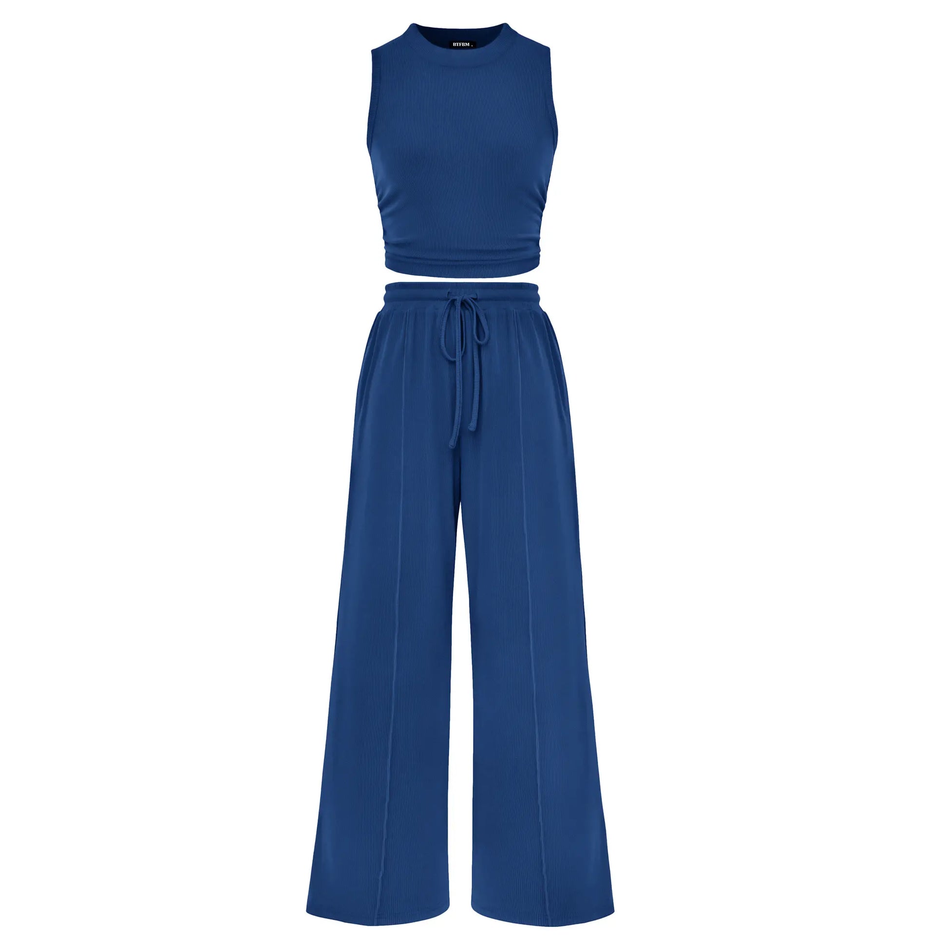 BTFBM Women'S Summer 2-Piece Outfits - Ribbed Knit Crew Neck Sleeveless Cropped Top & Wide Leg Pants Lounge Set #Outdoorfun