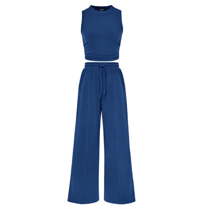 BTFBM Women'S Summer 2-Piece Outfits - Ribbed Knit Crew Neck Sleeveless Cropped Top & Wide Leg Pants Lounge Set #Outdoorfun