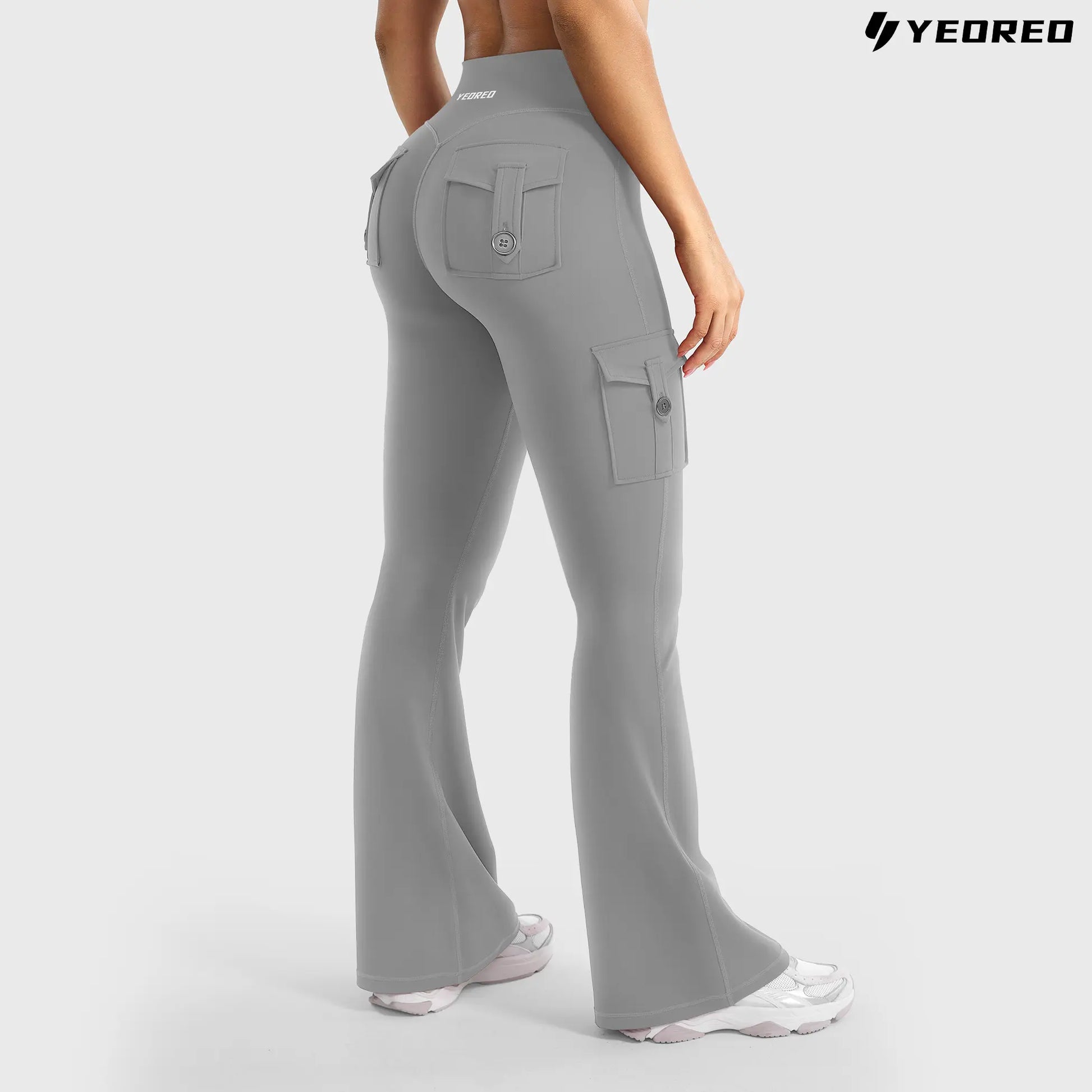 YEOREO Coreflex Women'S Workout Flare Leggings with Pockets Hidden Scrunch High Waisted Cargo Gym Yoga No Front Seam Leggings Flared Joggers Fitness Outfit Camouflage Sports Pants 75% Nylon 25% Spandex