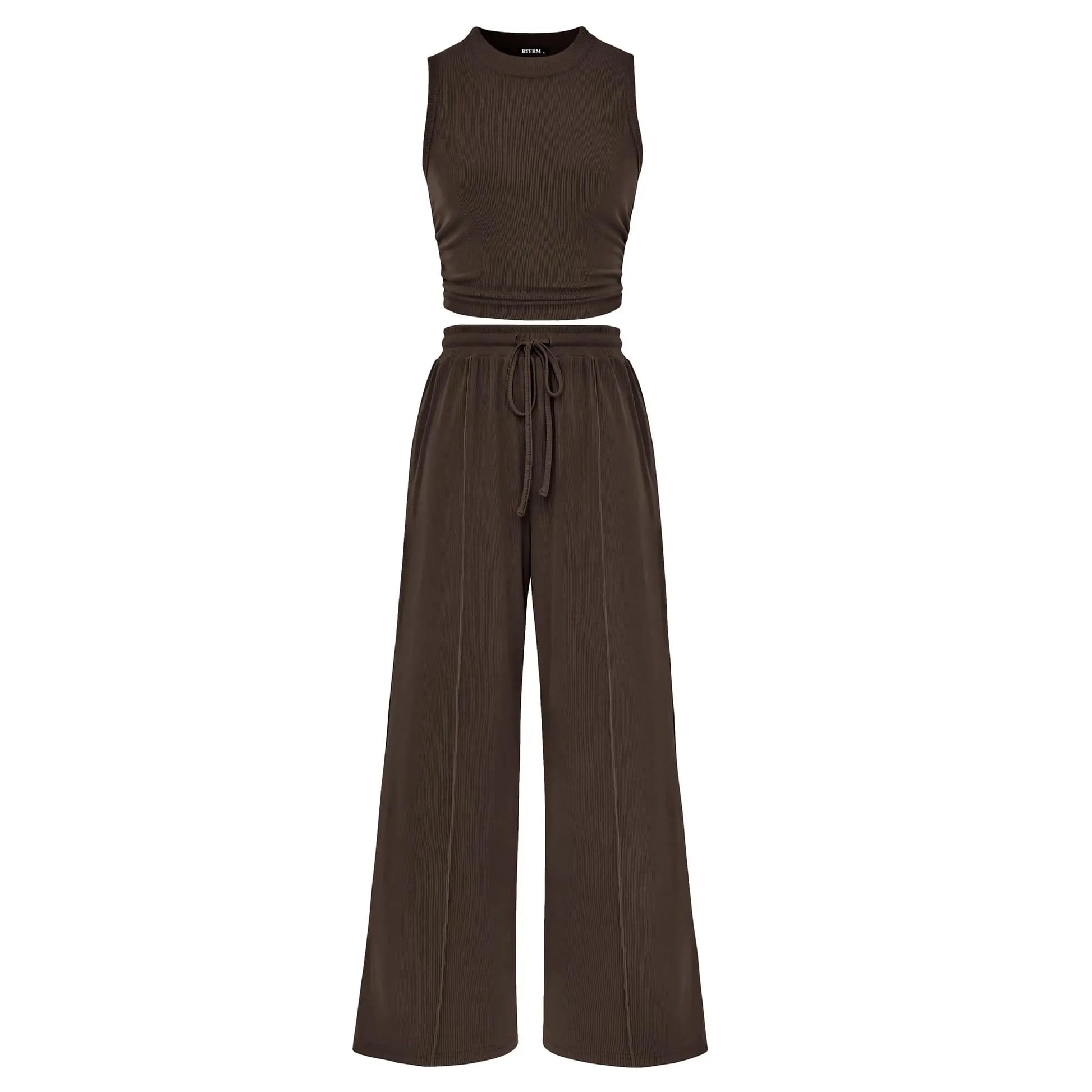 BTFBM Women'S Summer 2-Piece Outfits - Ribbed Knit Crew Neck Sleeveless Cropped Top & Wide Leg Pants Lounge Set #Outdoorfun