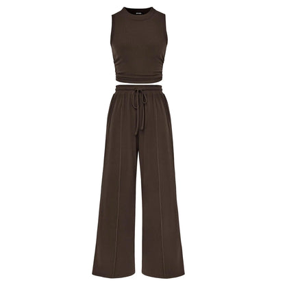 BTFBM Women'S Summer 2-Piece Outfits - Ribbed Knit Crew Neck Sleeveless Cropped Top & Wide Leg Pants Lounge Set #Outdoorfun