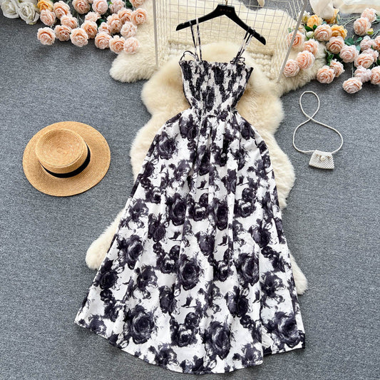 French Vintage Floral Strap Dress for Women