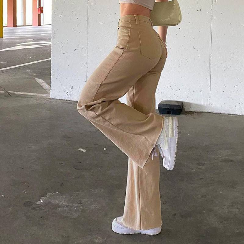 High Waist Wide Leg Straight Jeans with Slash Pockets