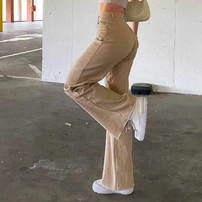 High Waist Wide Leg Straight Jeans with Slash Pockets