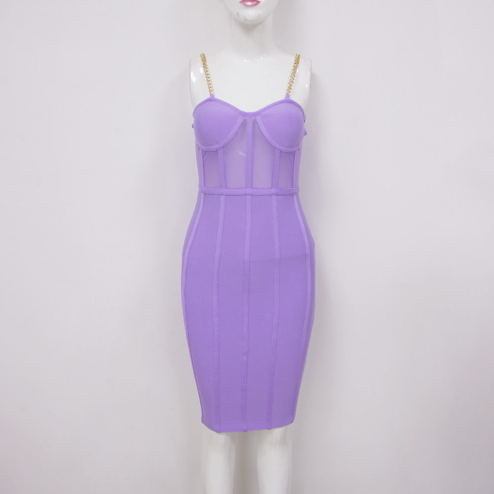 Sexy Mesh Bodycon Dress with Metal Chain Straps