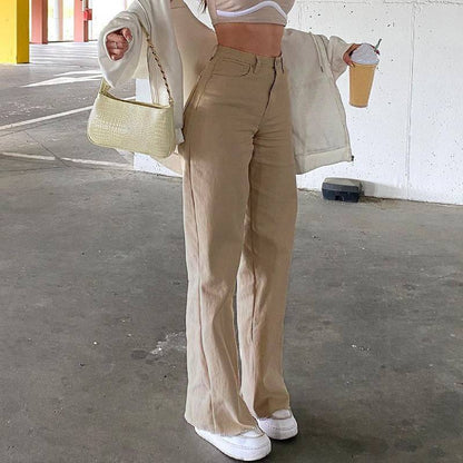 High Waist Wide Leg Straight Jeans with Slash Pockets