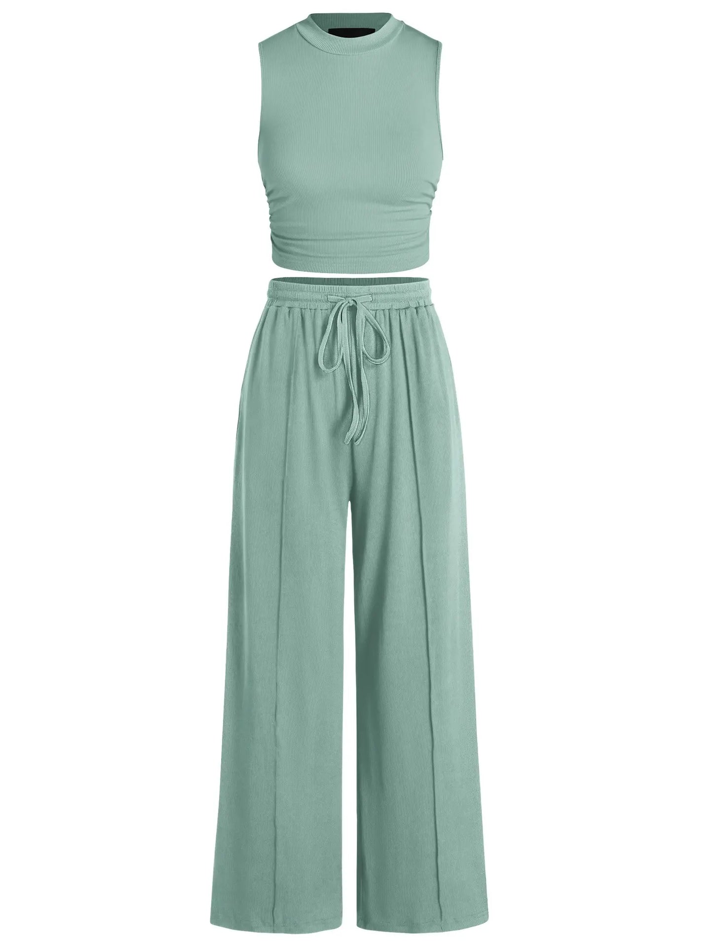 BTFBM Women'S Summer 2-Piece Outfits - Ribbed Knit Crew Neck Sleeveless Cropped Top & Wide Leg Pants Lounge Set #Outdoorfun