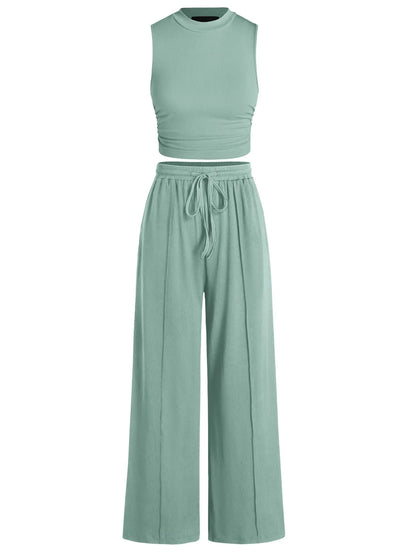 BTFBM Women'S Summer 2-Piece Outfits - Ribbed Knit Crew Neck Sleeveless Cropped Top & Wide Leg Pants Lounge Set #Outdoorfun