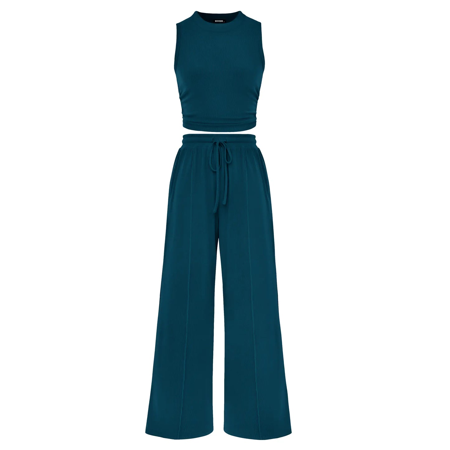 BTFBM Women'S Summer 2-Piece Outfits - Ribbed Knit Crew Neck Sleeveless Cropped Top & Wide Leg Pants Lounge Set #Outdoorfun