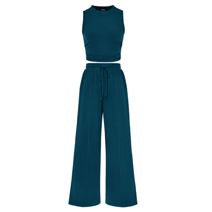 BTFBM Women'S Summer 2-Piece Outfits - Ribbed Knit Crew Neck Sleeveless Cropped Top & Wide Leg Pants Lounge Set #Outdoorfun