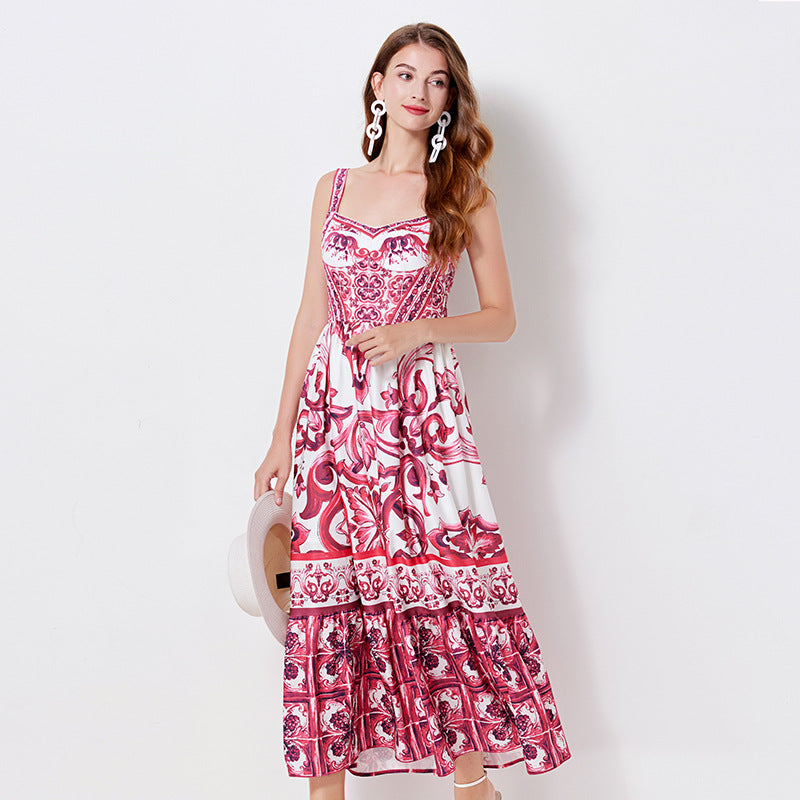 Vintage Floral Strap Maxi Dress with Fitted Waist
