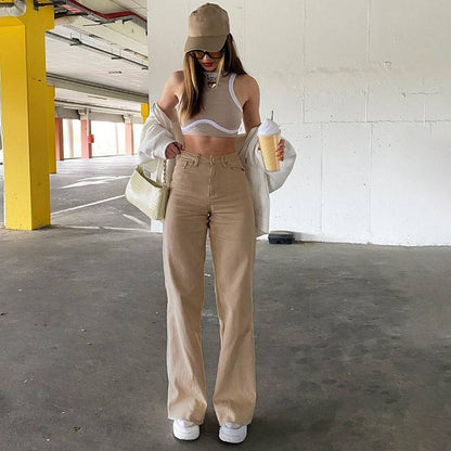 High Waist Wide Leg Straight Jeans with Slash Pockets