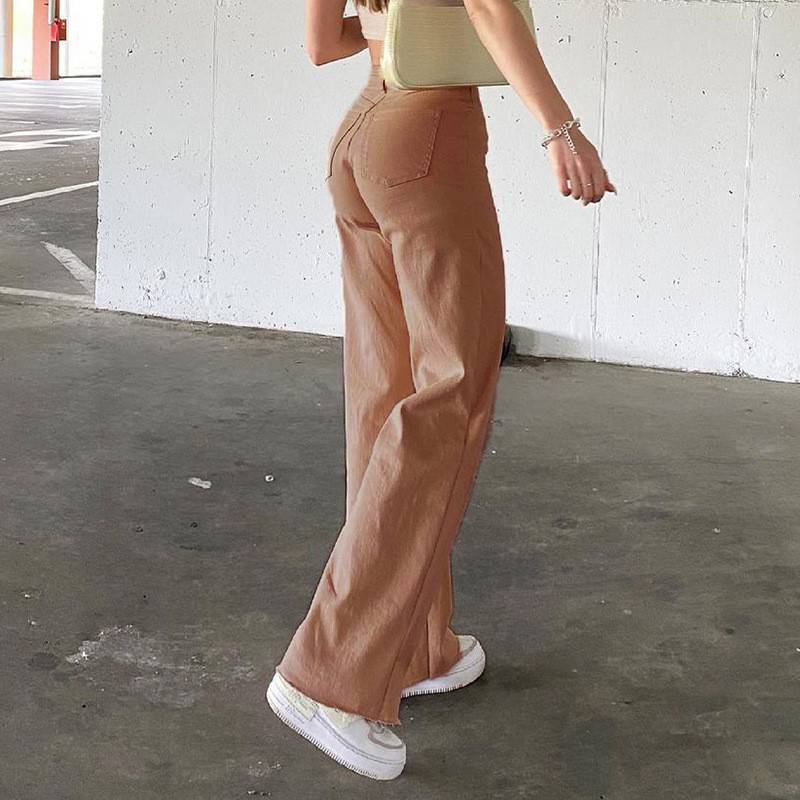 High Waist Wide Leg Straight Jeans with Slash Pockets
