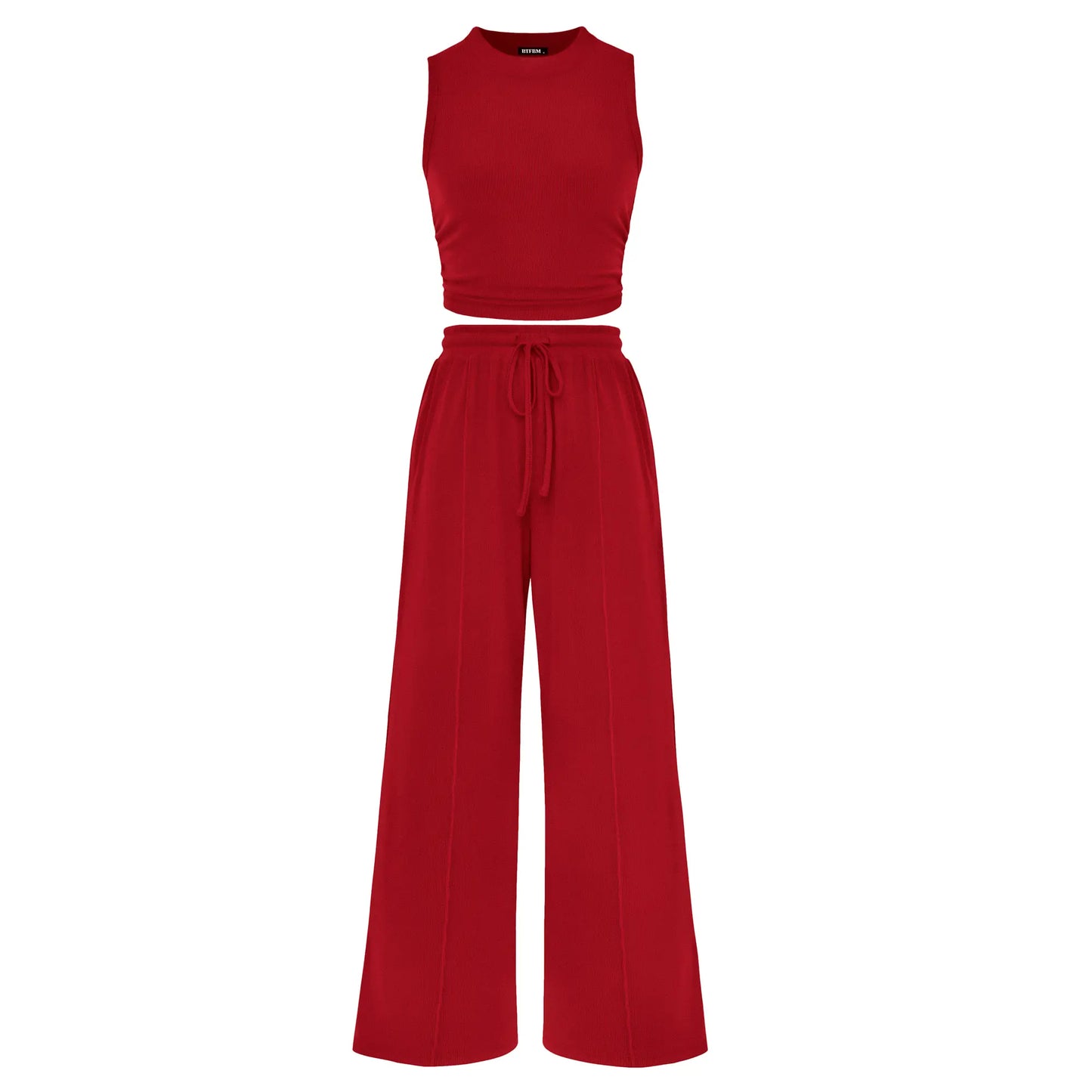 BTFBM Women'S Summer 2-Piece Outfits - Ribbed Knit Crew Neck Sleeveless Cropped Top & Wide Leg Pants Lounge Set #Outdoorfun