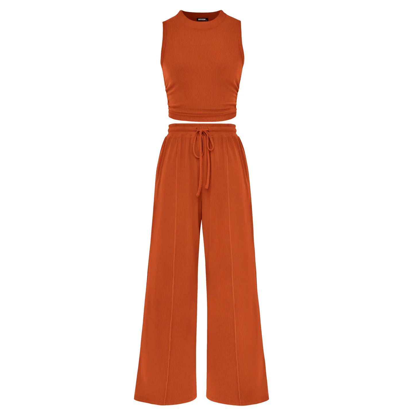 BTFBM Women'S Summer 2-Piece Outfits - Ribbed Knit Crew Neck Sleeveless Cropped Top & Wide Leg Pants Lounge Set #Outdoorfun