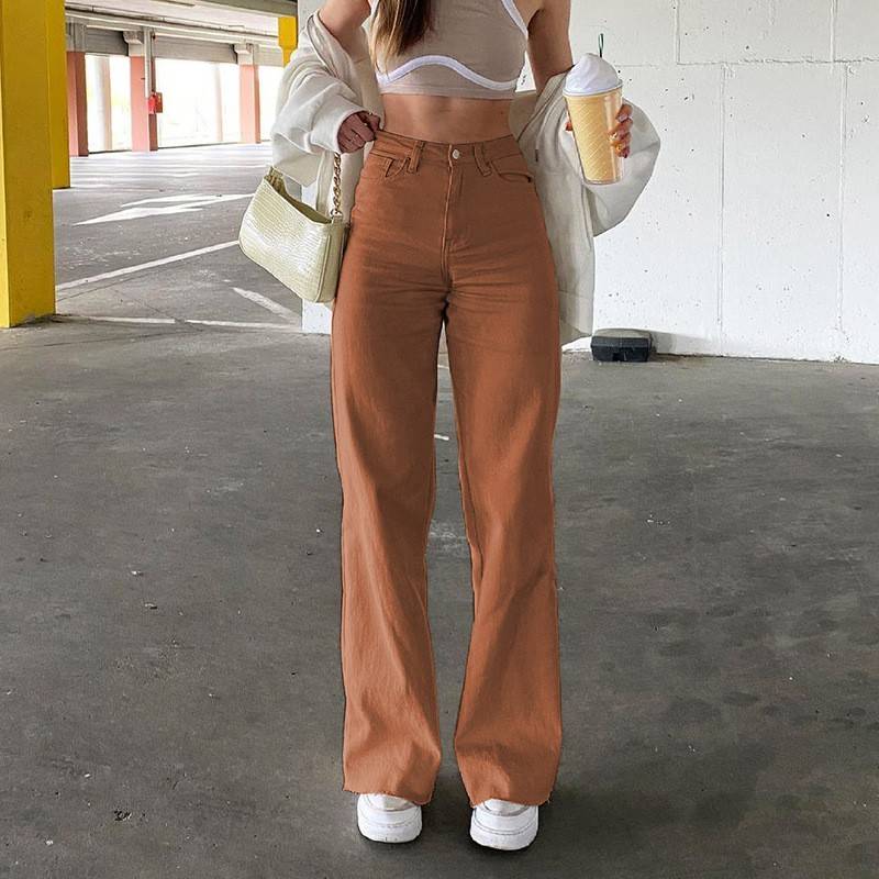 High Waist Wide Leg Straight Jeans with Slash Pockets