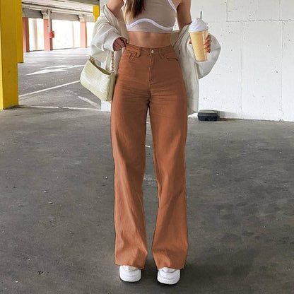 High Waist Wide Leg Straight Jeans with Slash Pockets