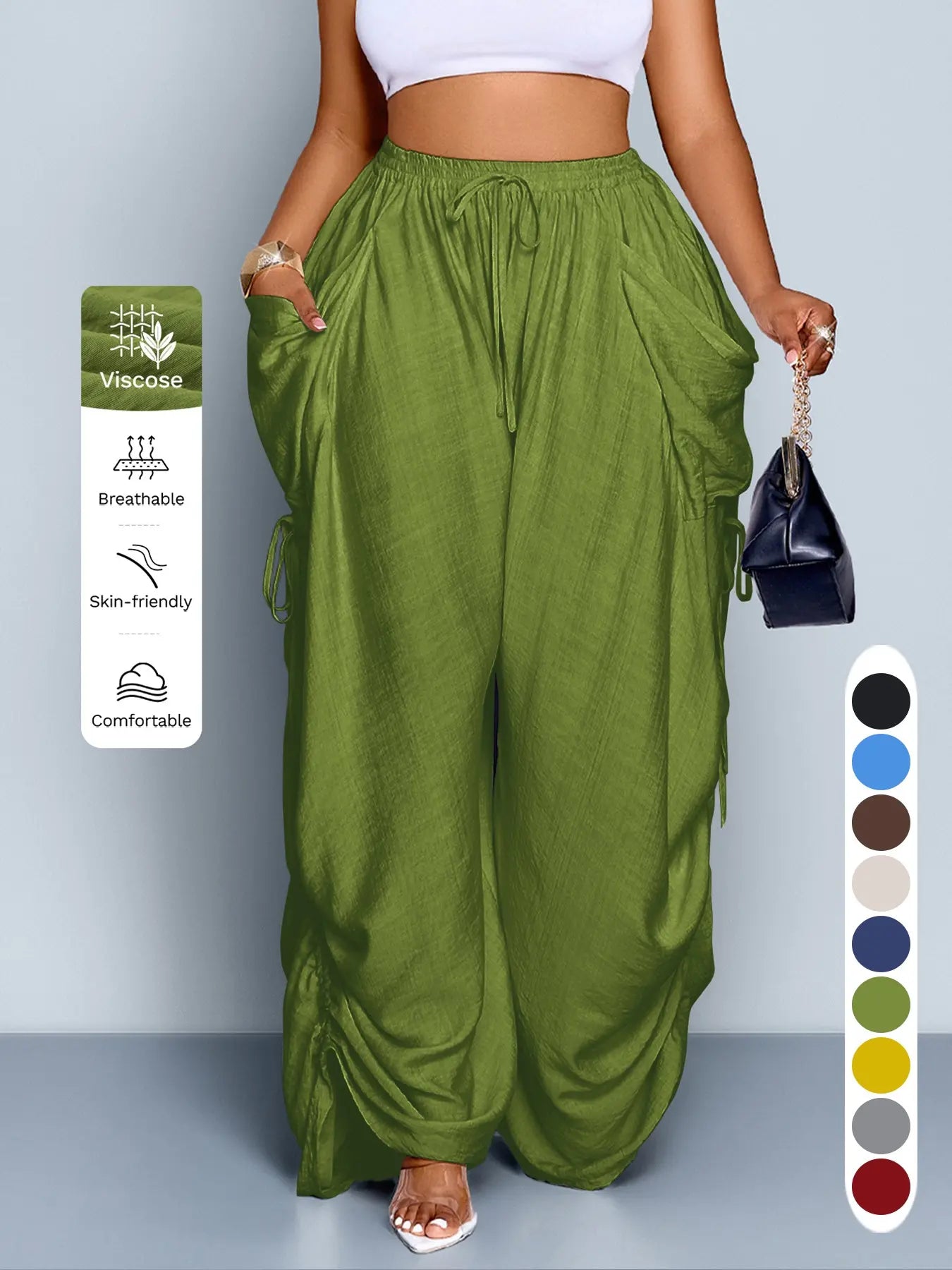 Women'S Casual Loose-Fit Wide Leg Pants, All-Season Woven Fabric, Long Plain Design, Daily Commute & Vacation Wear