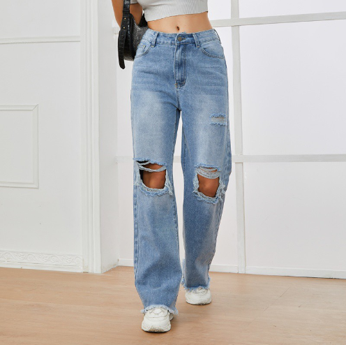 Ripped High Waist Straight Leg Jeans with Slash Pockets