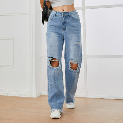 Ripped High Waist Straight Leg Jeans with Slash Pockets