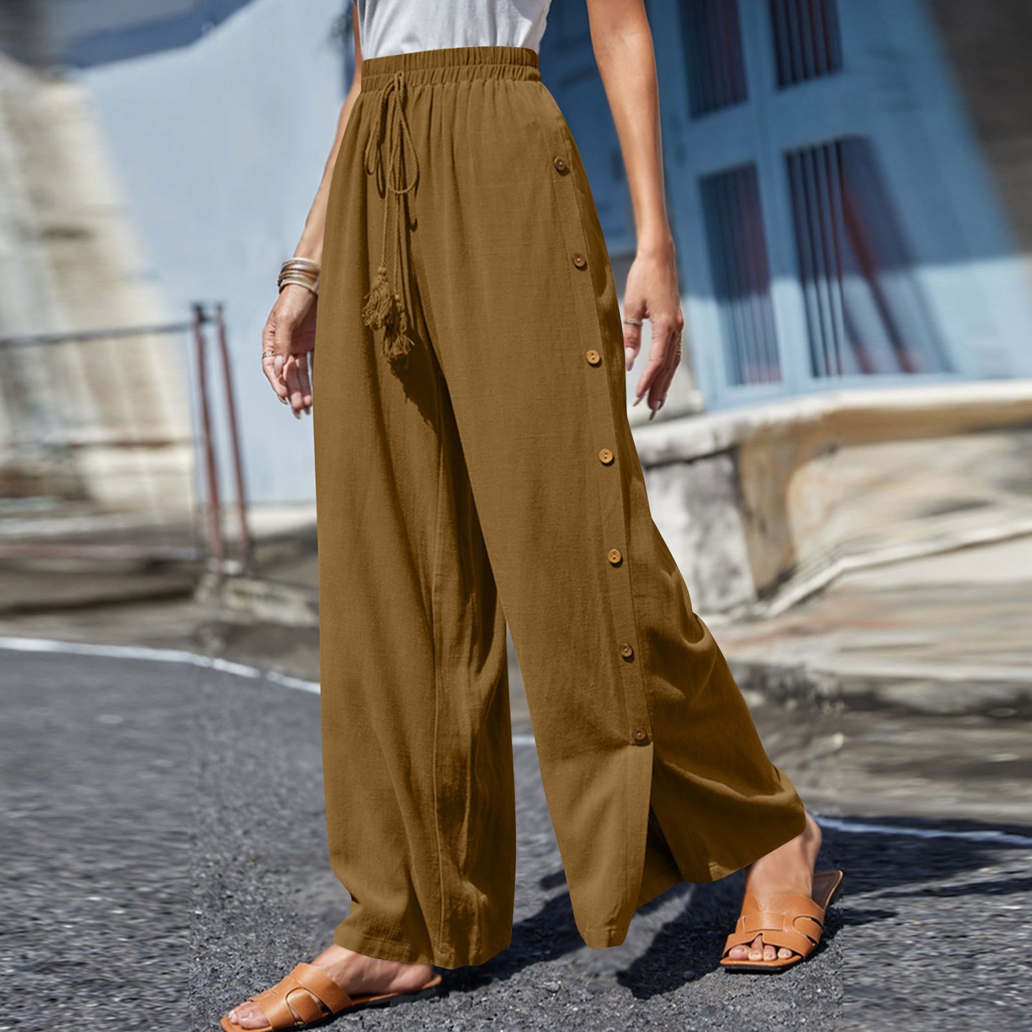 Plus Size Boho Wide Leg Drawstring Pants with Buttons