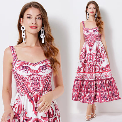 Vintage Floral Strap Maxi Dress with Fitted Waist