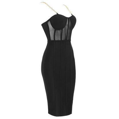 Sexy Mesh Bodycon Dress with Metal Chain Straps