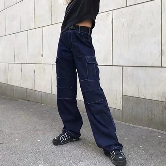 High-Waisted Loose Fit Women's Cargo Denim Pants