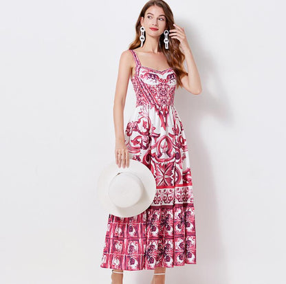 Vintage Floral Strap Maxi Dress with Fitted Waist