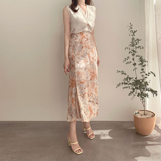 Vintage Floral Chiffon Oil Painting Skirt