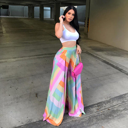 Plus Size Geometric Print Wide Leg High Rise Pants