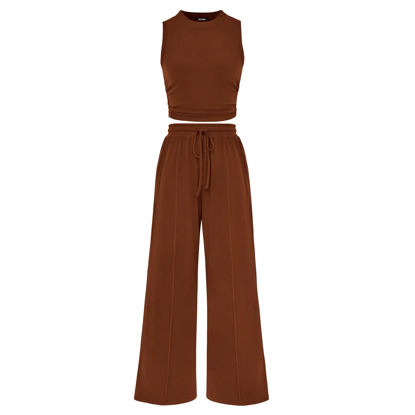 BTFBM Women'S Summer 2-Piece Outfits - Ribbed Knit Crew Neck Sleeveless Cropped Top & Wide Leg Pants Lounge Set #Outdoorfun
