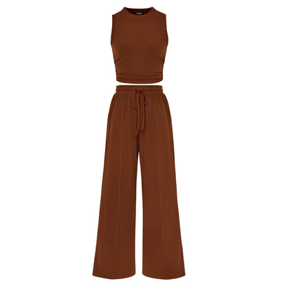 BTFBM Women'S Summer 2-Piece Outfits - Ribbed Knit Crew Neck Sleeveless Cropped Top & Wide Leg Pants Lounge Set #Outdoorfun