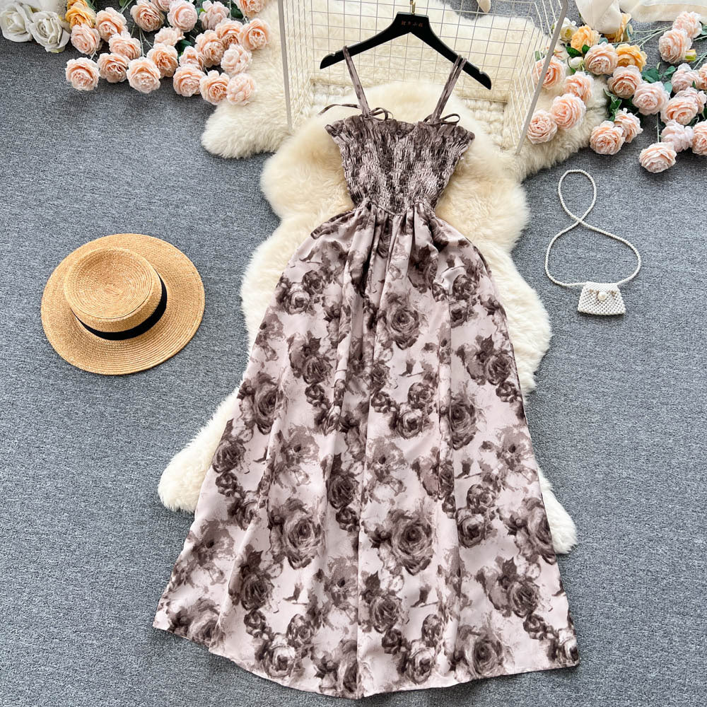 French Vintage Floral Strap Dress for Women