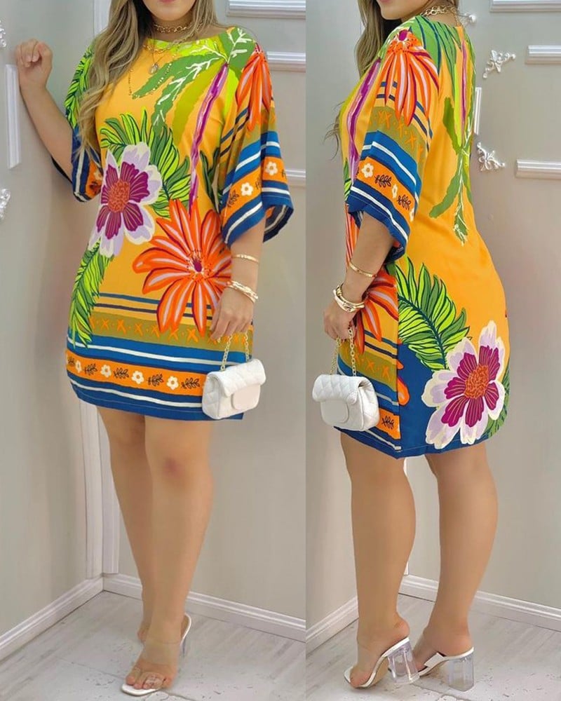 Women's Tropical Print Round-neck Casual Dress