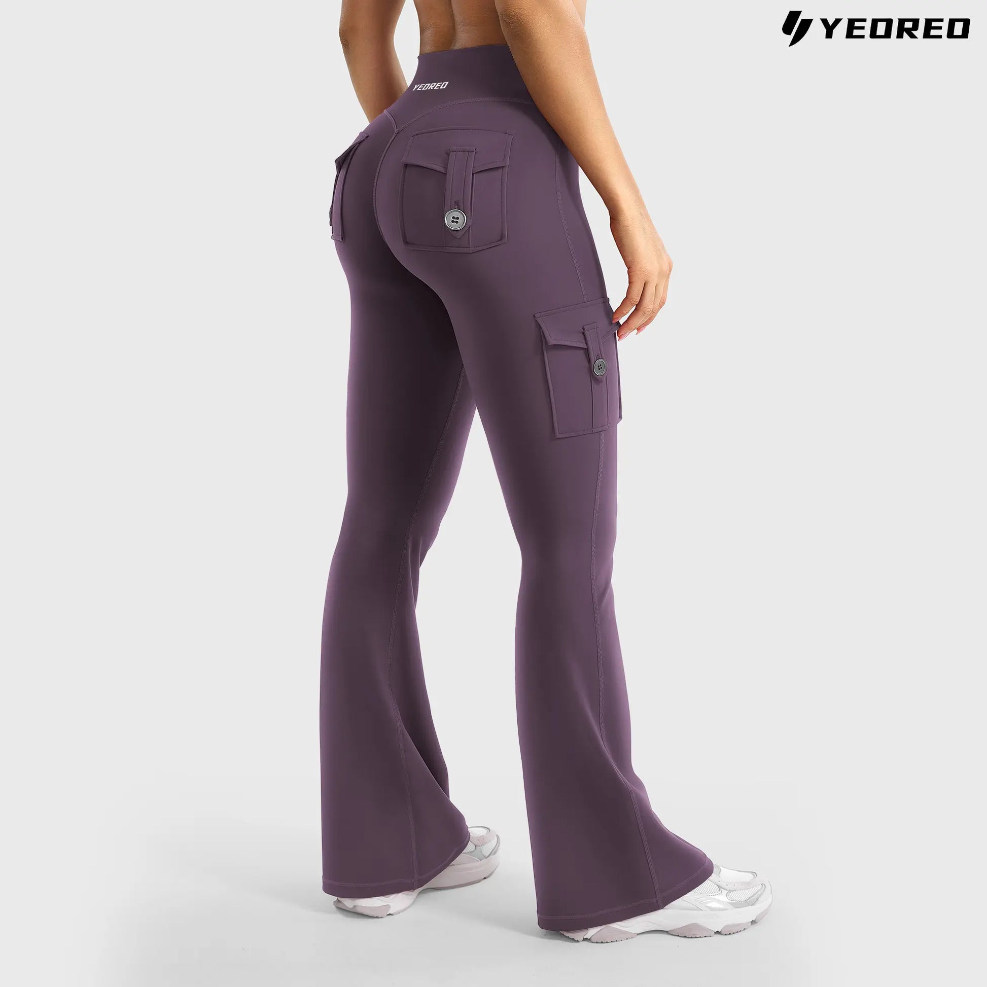 YEOREO Coreflex Women'S Workout Flare Leggings with Pockets Hidden Scrunch High Waisted Cargo Gym Yoga No Front Seam Leggings Flared Joggers Fitness Outfit Camouflage Sports Pants 75% Nylon 25% Spandex