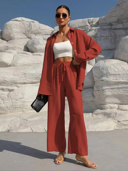 Women'S Solid Collared Button Front Shirt & Tie Front Wide Leg Pants Two-Piece Set, Casual Drop Shoulder Long Sleeve Fitted Top & High Waist Trousers for Spring & Fall, Linen Set, Loose Pant Sets, Casual Matching Sets, Womenswear