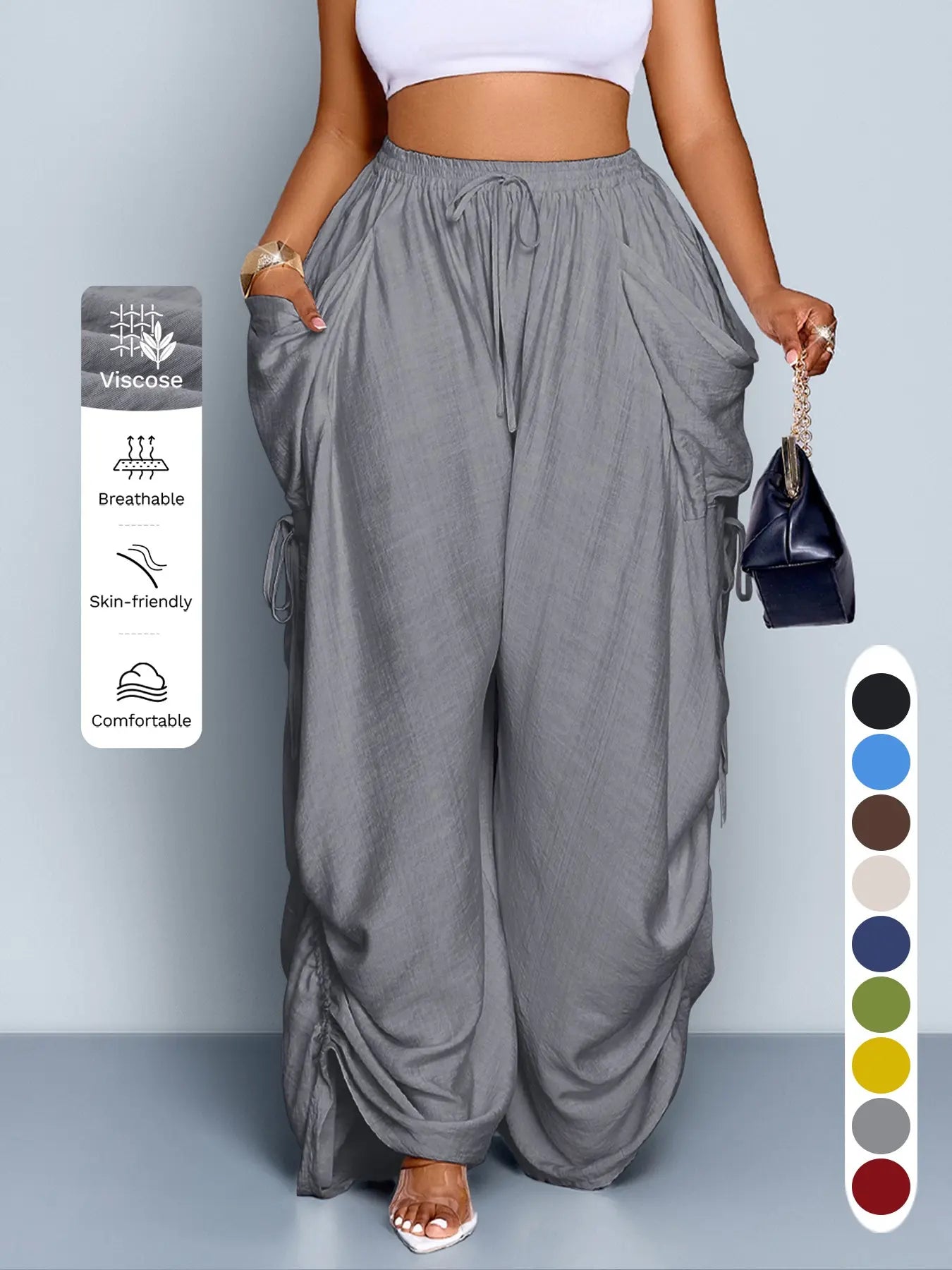 Women'S Casual Loose-Fit Wide Leg Pants, All-Season Woven Fabric, Long Plain Design, Daily Commute & Vacation Wear